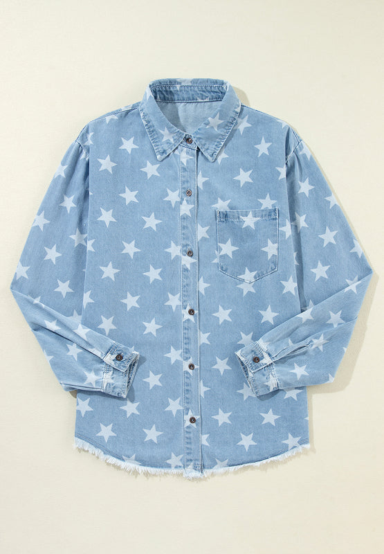 Raw Hem Star Collared Neck Denim Top-TOPS / DRESSES-[Adult]-[Female]-2022 Online Blue Zone Planet