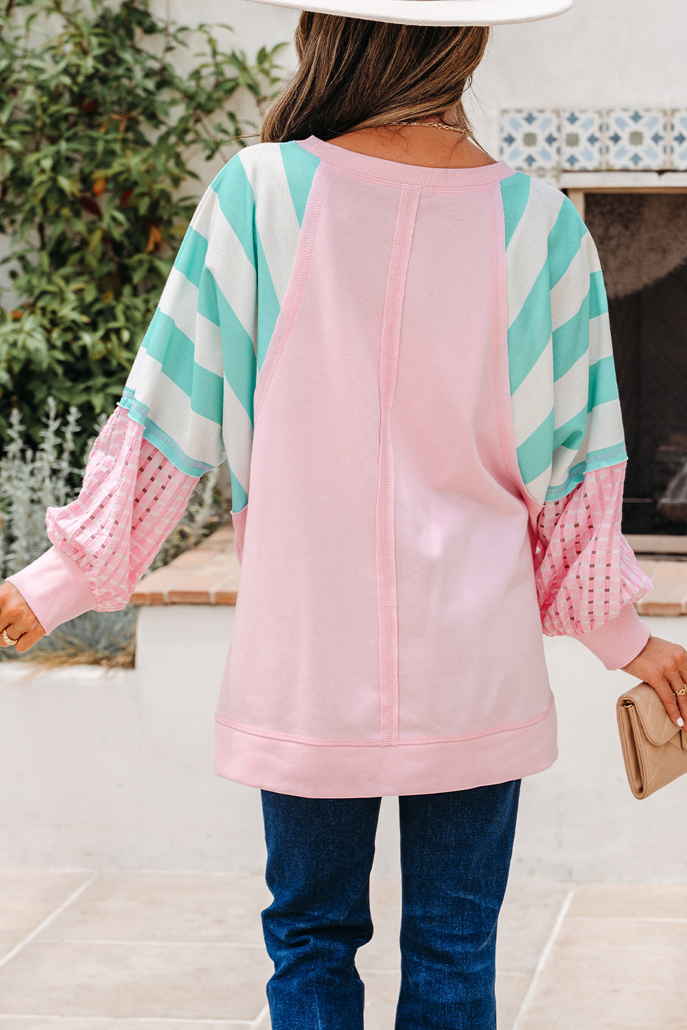 Bonbon Striped Colorblock Patchwork Raglan Pullover Top with Slits-Tops/Long Sleeve Tops-[Adult]-[Female]-2022 Online Blue Zone Planet