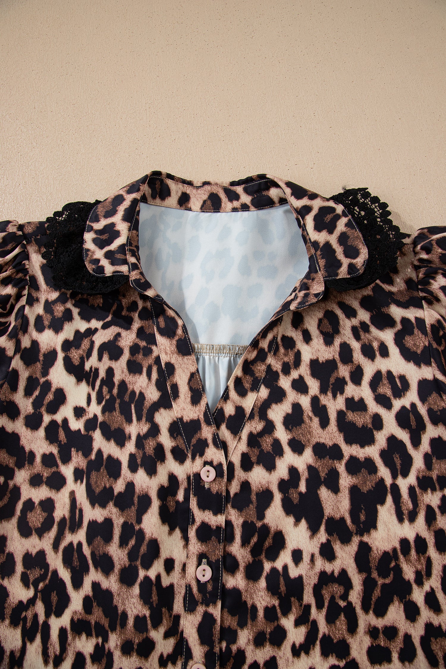 Brown Leopard Print Button Down Lace Trim Short Sleeve Shirt-Tops/Blouses & Shirts-[Adult]-[Female]-2022 Online Blue Zone Planet