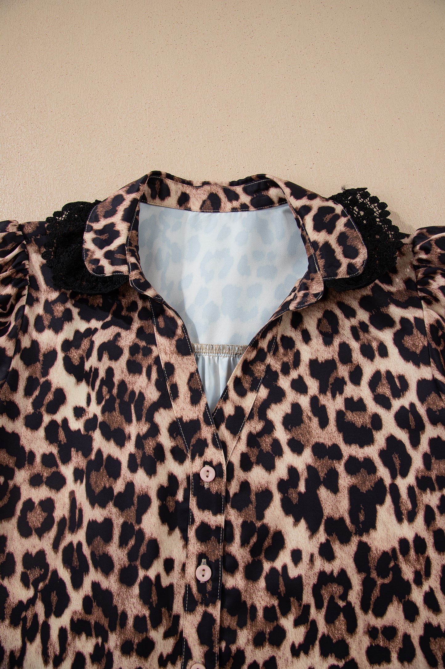 Brown Leopard Print Button Down Lace Trim Short Sleeve Shirt-Blouses & Shirts-[Adult]-[Female]-2022 Online Blue Zone Planet