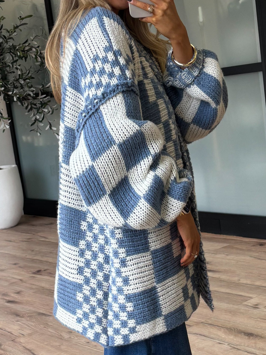 Checkered Open Front Long Sleeve Cardigan-TOPS / DRESSES-[Adult]-[Female]-2022 Online Blue Zone Planet