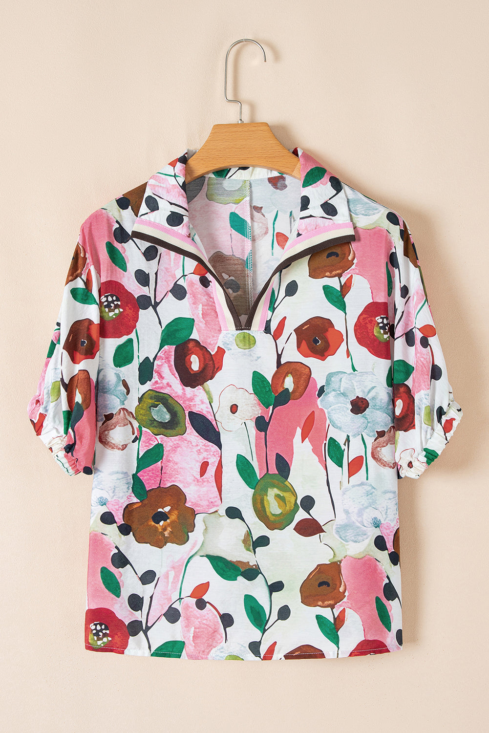 Pink Floral Print Slit V Neck Short Sleeve Blouse-Tops/Blouses & Shirts-[Adult]-[Female]-2022 Online Blue Zone Planet
