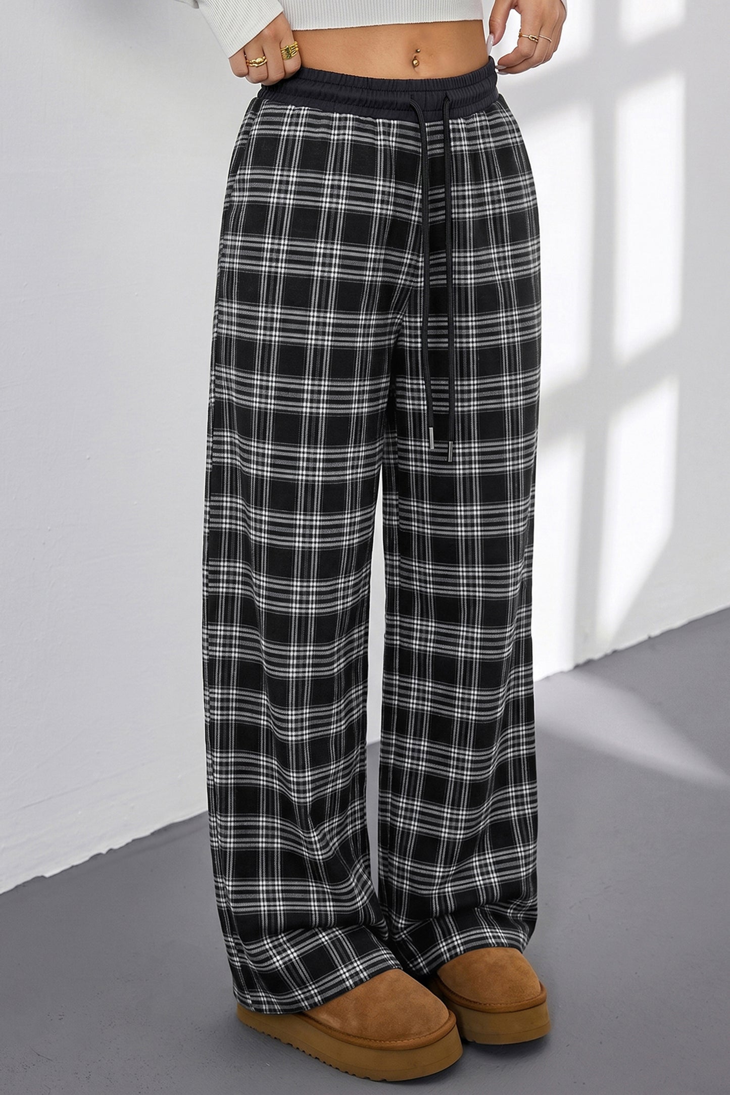 Black Frenchy Plaid Pattern Contrast Drawstring Waist Wide Leg Pants