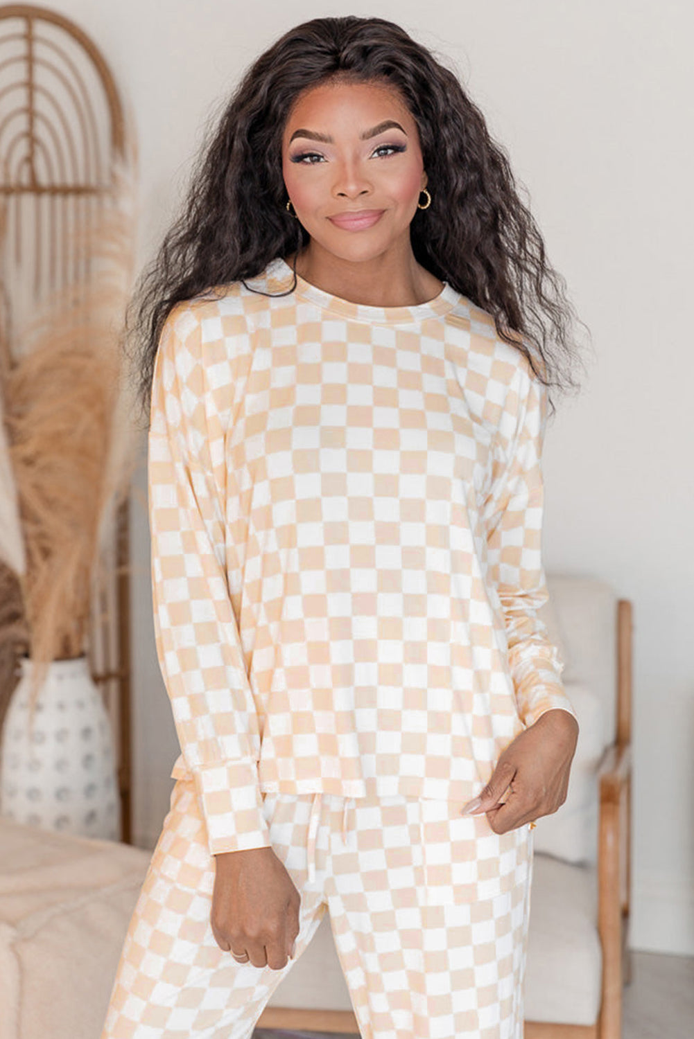 Beige Checkered Print Long Sleeve Top and Pants Lounge Set-Loungewear & Sleepwear/Lounge Pants-[Adult]-[Female]-2022 Online Blue Zone Planet