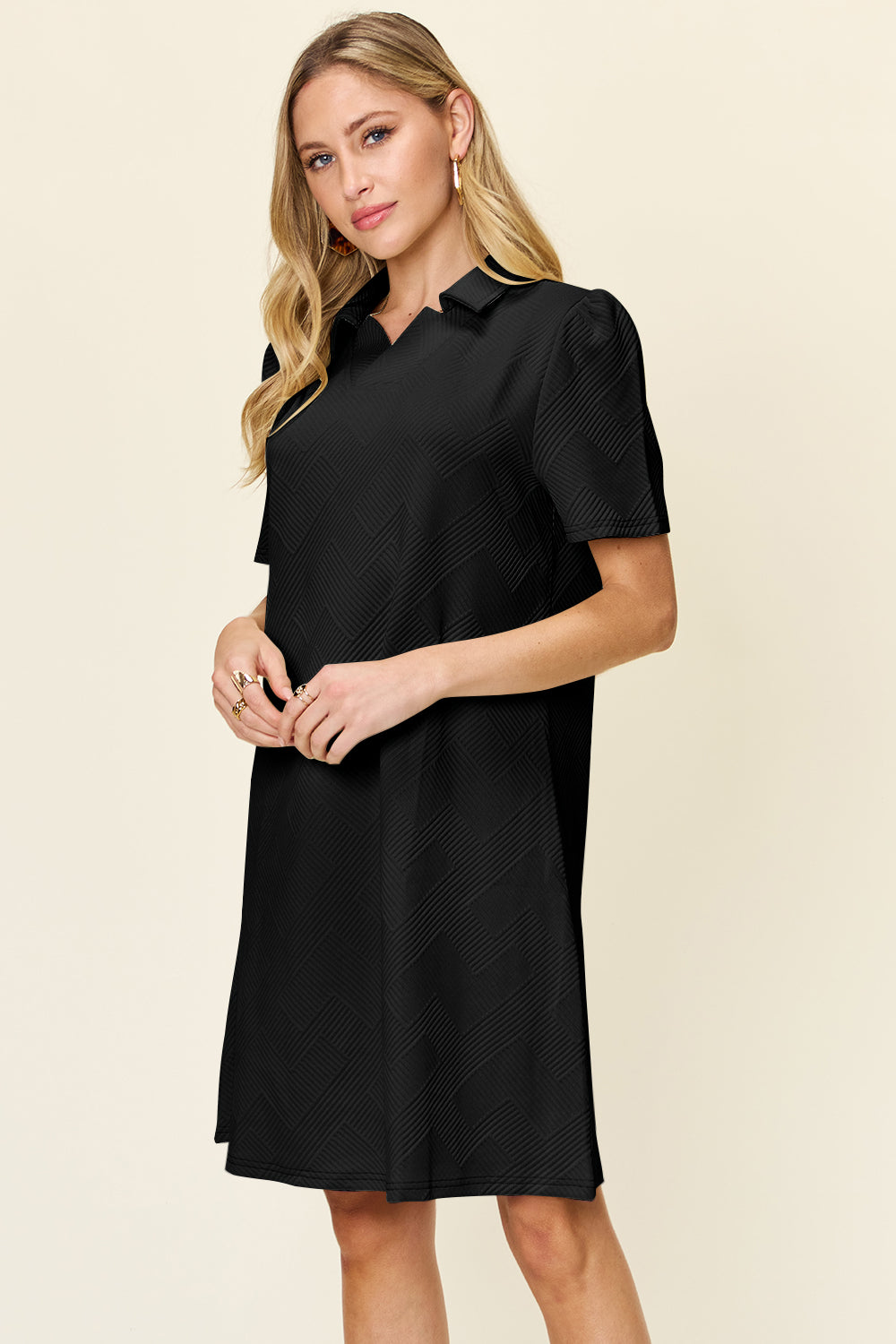 Blue Zone Planet | Double Take Full Size Texture Collared Neck Short Sleeve Dress-TOPS / DRESSES-[Adult]-[Female]-2022 Online Blue Zone Planet