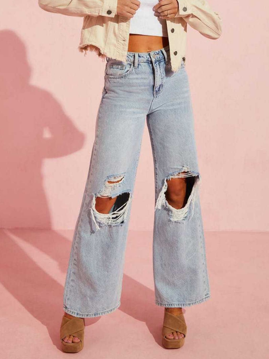 Distressed Wide Leg Jeans with Pockets-TOPS / DRESSES-[Adult]-[Female]-2022 Online Blue Zone Planet