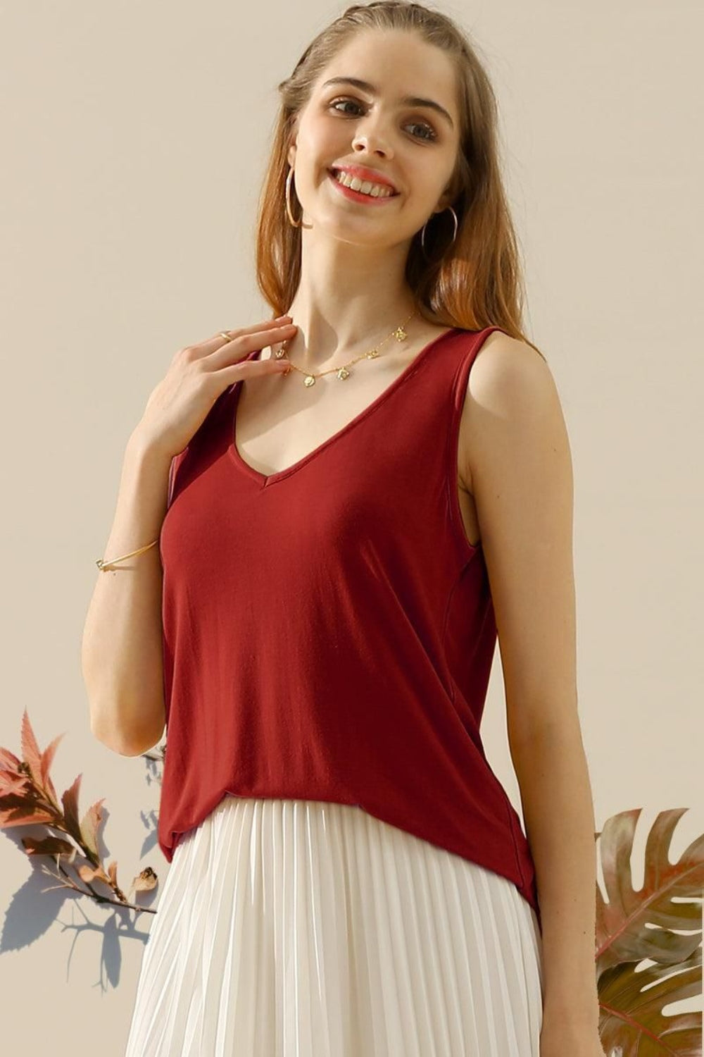 Ninexis Full Size V-Neck Curved Hem Tank-TOPS / DRESSES-[Adult]-[Female]-BURGUNDY-S-2022 Online Blue Zone Planet