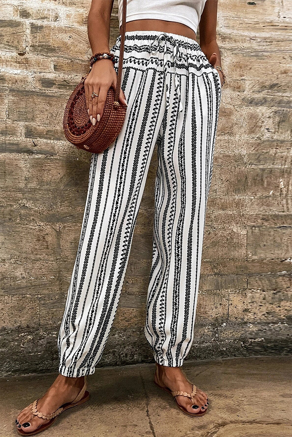 Black Stripe Boho Print Drawstring Elastic Waistband Casual Joggers-Bottoms/Pants & Culotte-[Adult]-[Female]-2022 Online Blue Zone Planet