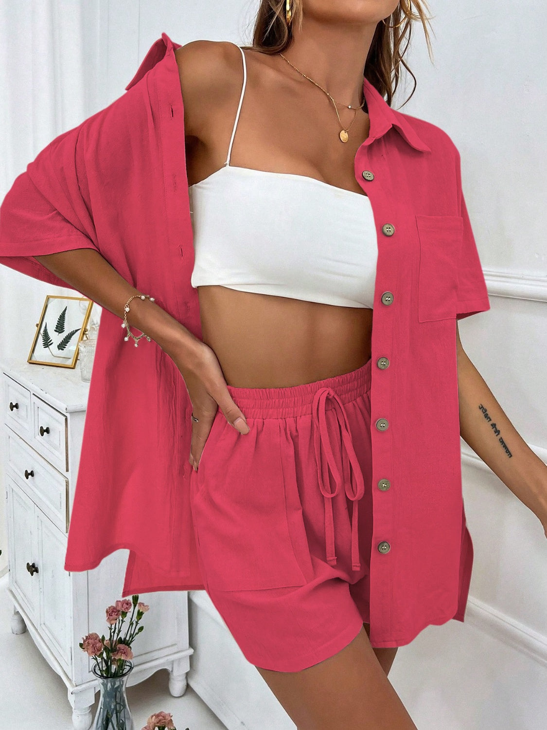 Button Up Half Sleeve Top and Shorts Set-TOPS / DRESSES-[Adult]-[Female]-Deep Rose-S-2022 Online Blue Zone Planet