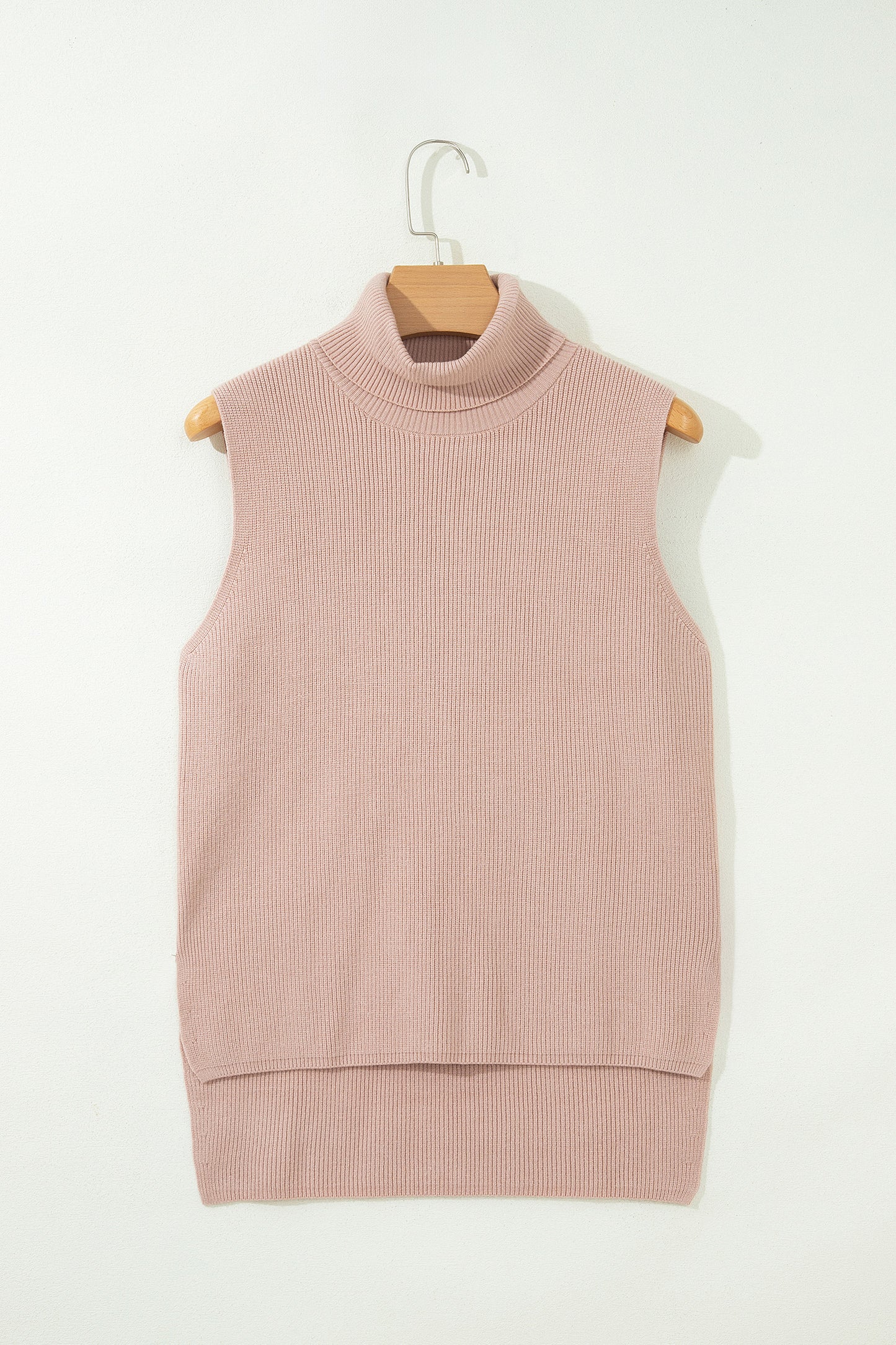 Light French Beige Sleeveless High Neck Knit Split Hem Shift Silhouette Wool Sweater Vest-Sweaters & Cardigans/Sweater Vests-[Adult]-[Female]-2022 Online Blue Zone Planet