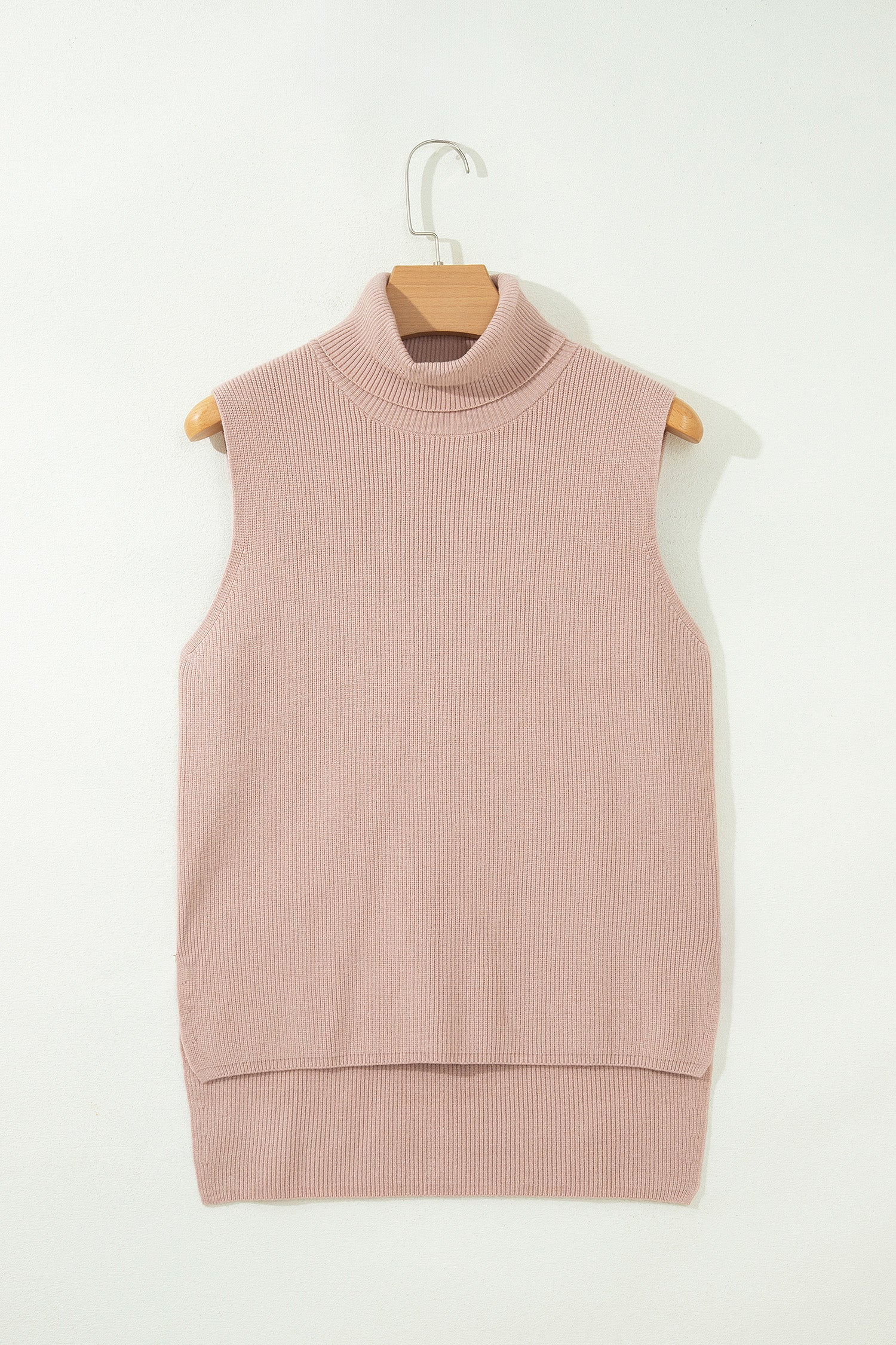 Light French Beige Sleeveless High Neck Knit Split Hem Shift Silhouette Wool Sweater Vest-Sweaters & Cardigans/Sweater Vests-[Adult]-[Female]-2022 Online Blue Zone Planet