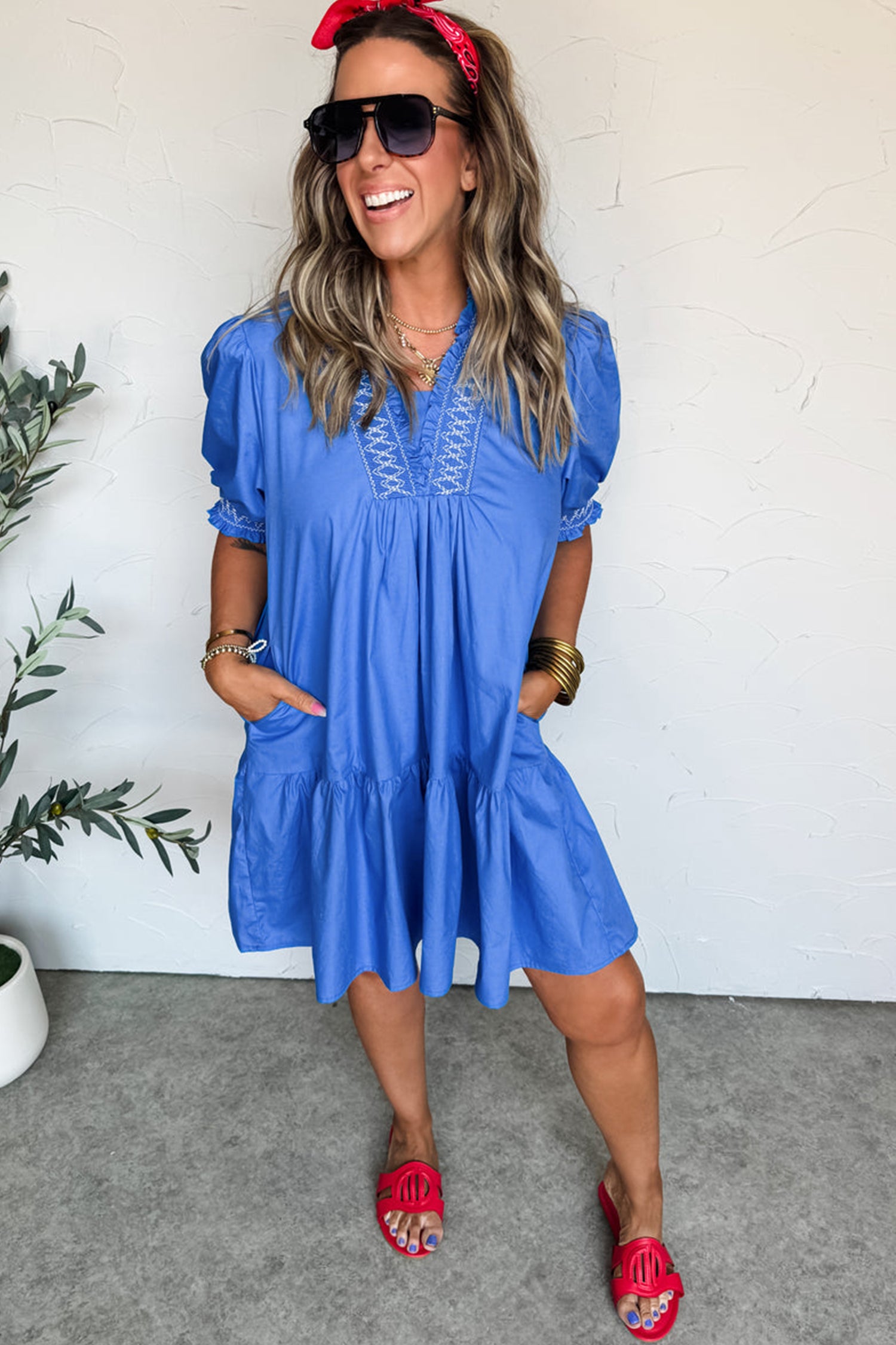 Sky Blue Embroidered Smocked Detail V Neck Short Puff Sleeve Mini Dress-Dresses/Mini Dresses-[Adult]-[Female]-2022 Online Blue Zone Planet