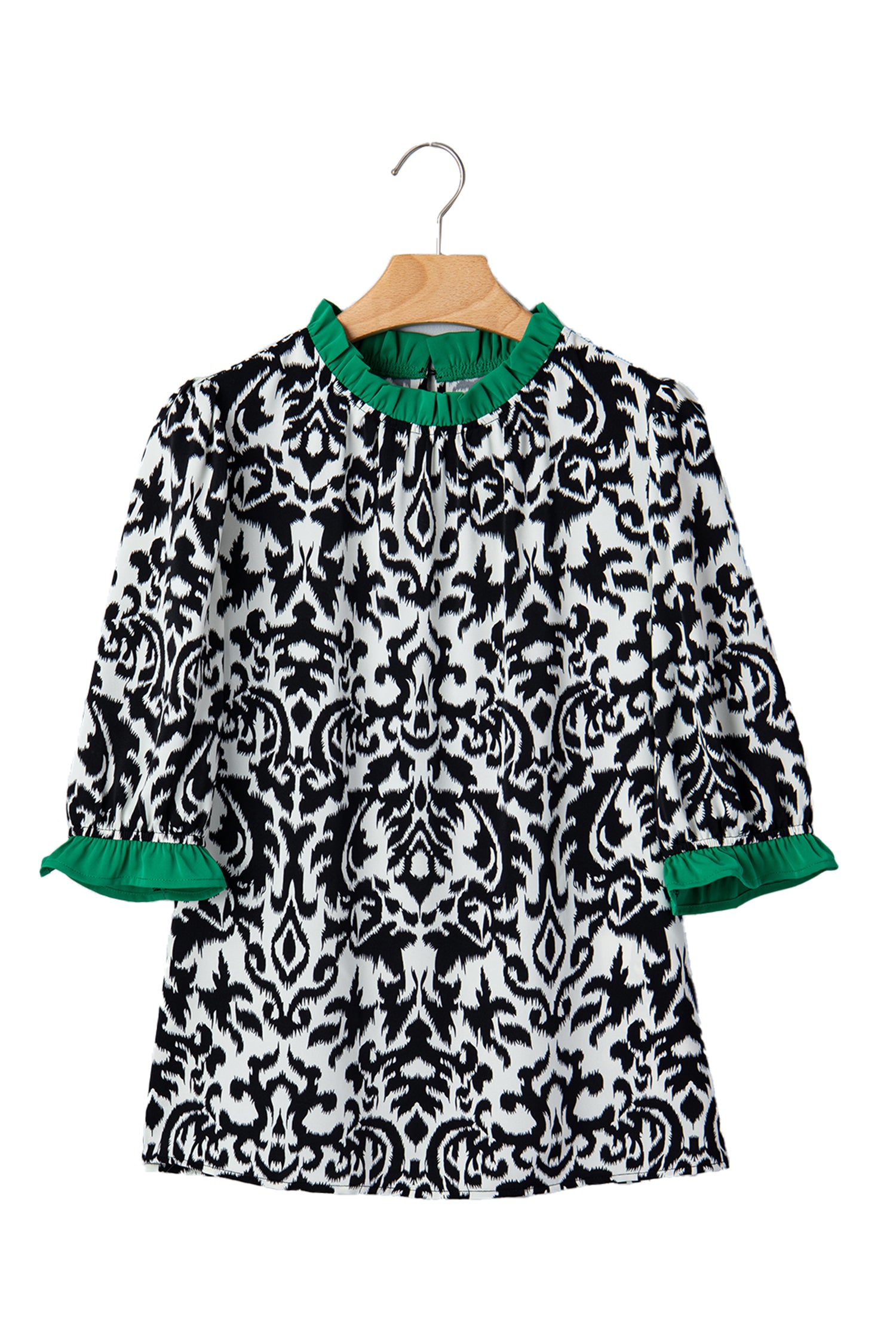 Green Damask Print Ruffled Color Block Detail Half Sleeve Blouse-Tops/Blouses & Shirts-[Adult]-[Female]-2022 Online Blue Zone Planet