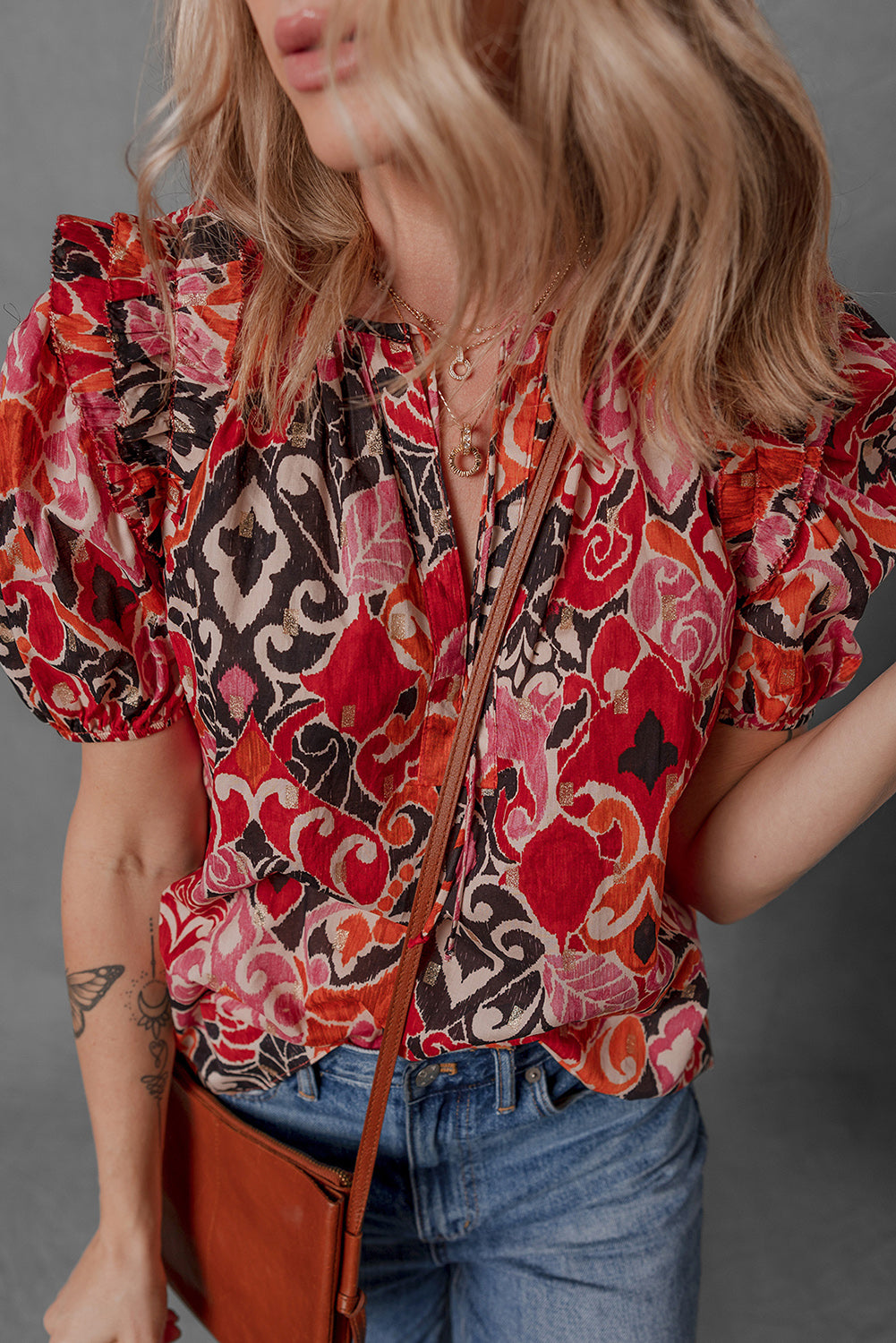 Red Ethnic Print Split Neck Short Puff Sleeve Blouse-Tops/Blouses & Shirts-[Adult]-[Female]-2022 Online Blue Zone Planet