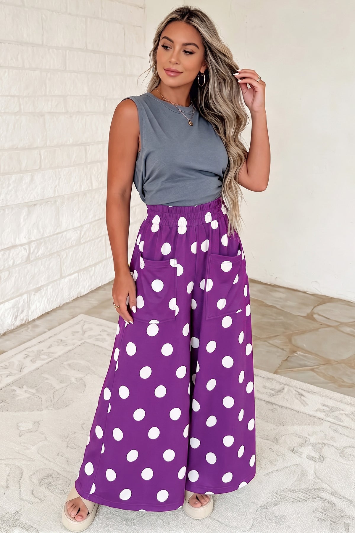 Purple Polka Dot Wide Leg Elastic Waist Casual Pants-Bottoms/Pants & Culotte-[Adult]-[Female]-2022 Online Blue Zone Planet