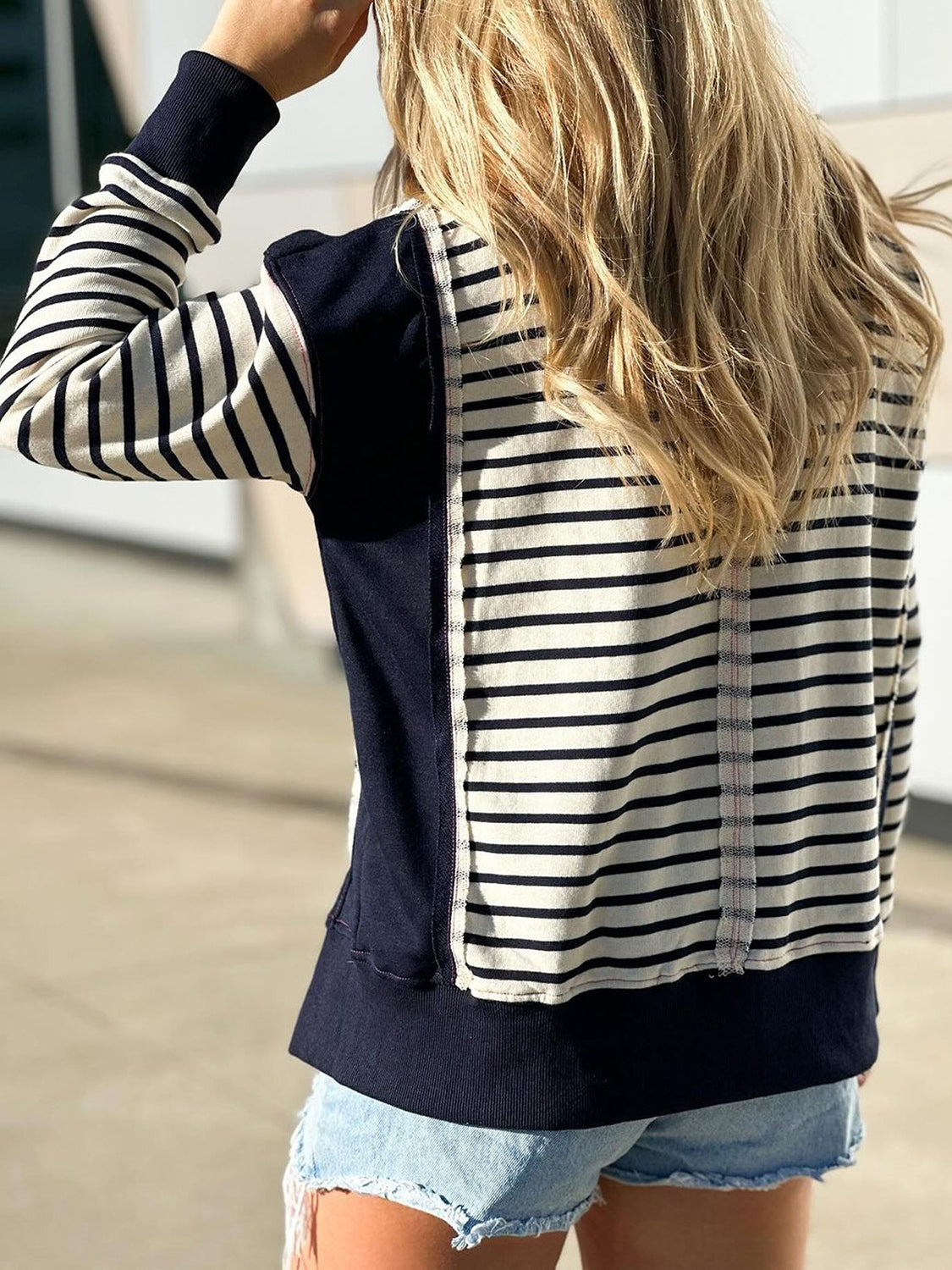 Slit Exposed Seam Striped Long Sleeve Sweatshirt-TOPS / DRESSES-[Adult]-[Female]-2022 Online Blue Zone Planet