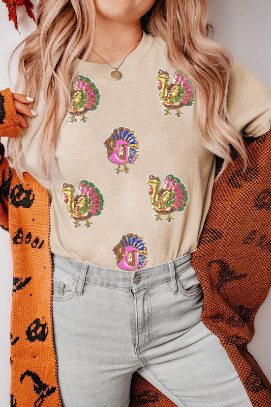 Khaki Sequin Turkey Patched Thanksgiving Graphic Tee-Graphic/Graphic Tees-[Adult]-[Female]-Khaki-S-2022 Online Blue Zone Planet