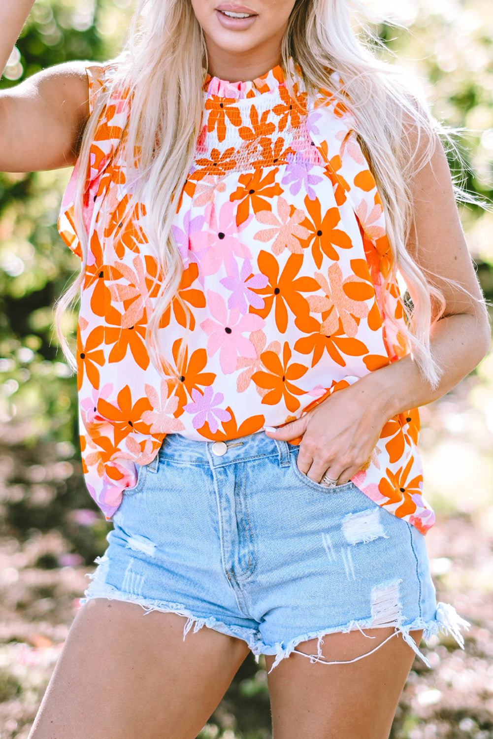 Orange Ruffled Sleeve Smocked Floral Top-Tops/Blouses & Shirts-[Adult]-[Female]-2022 Online Blue Zone Planet