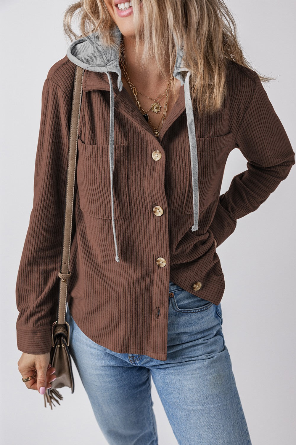 Blue Zone Planet | Drawstring Button Up Long Sleeve Hooded Jacket-TOPS / DRESSES-[Adult]-[Female]-Dark Brown-S-2022 Online Blue Zone Planet