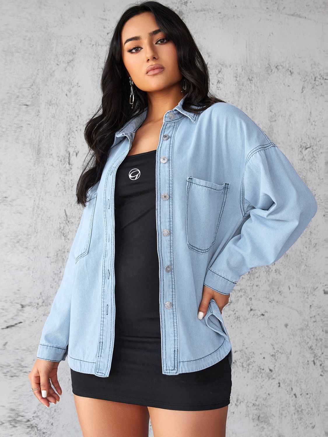 Collared Neck Button Up Long Sleeve Denim Shirt-TOPS / DRESSES-[Adult]-[Female]-2022 Online Blue Zone Planet