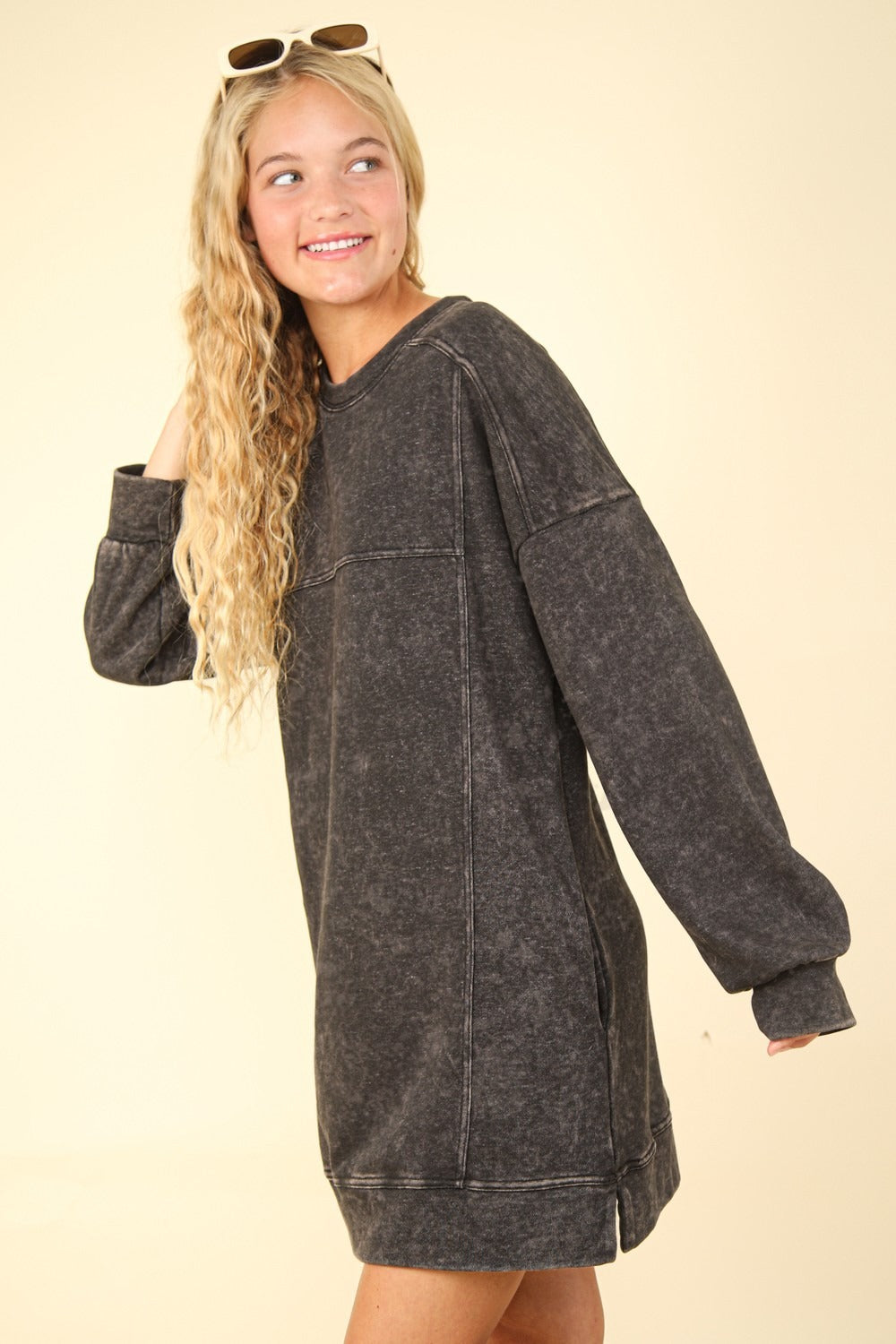 VERY J Mineral Washed Oversized Sweatshirt Mini Dress-TOPS / DRESSES-[Adult]-[Female]-2022 Online Blue Zone Planet