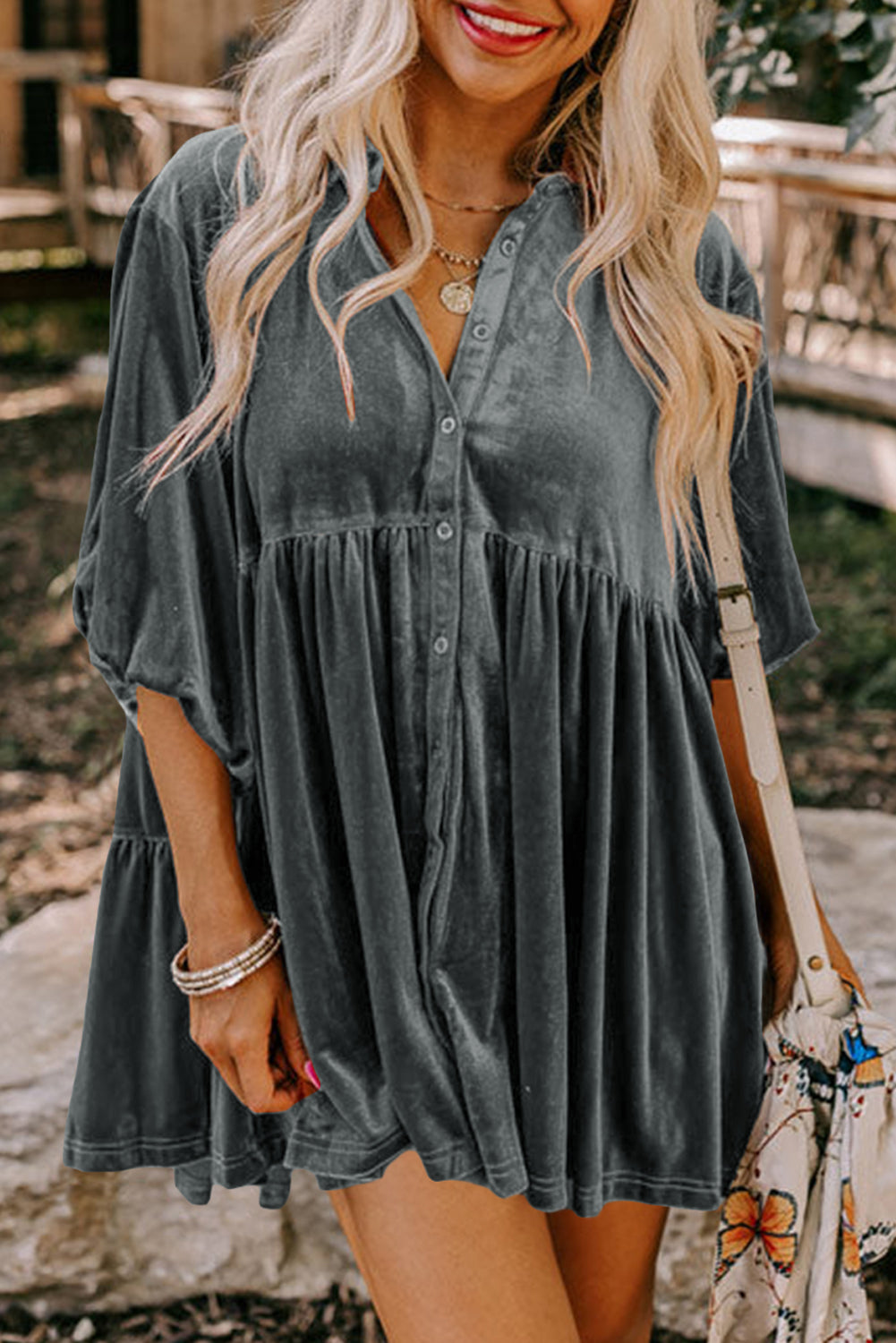 Dark Grey 3/4 Sleeve Tunic Babydoll Velvet Shirt-Tops/Blouses & Shirts-[Adult]-[Female]-Dark Grey-S-2022 Online Blue Zone Planet