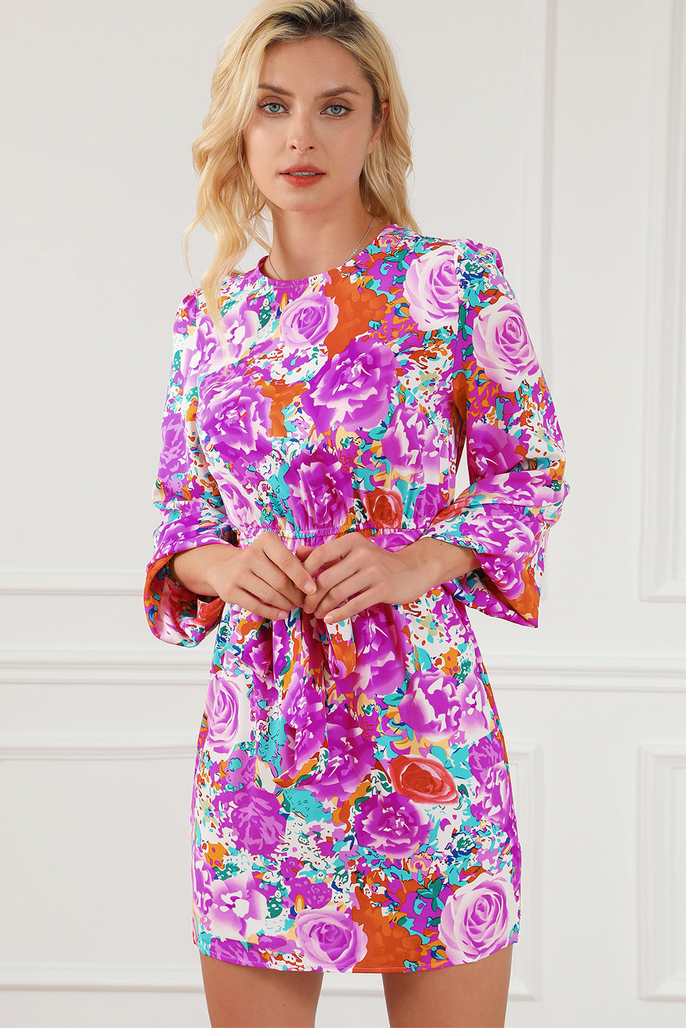 Blue Zone Planet | Purple Floral Keyhole Back Long Sleeve Belted Dress-TOPS / DRESSES-[Adult]-[Female]-2022 Online Blue Zone Planet