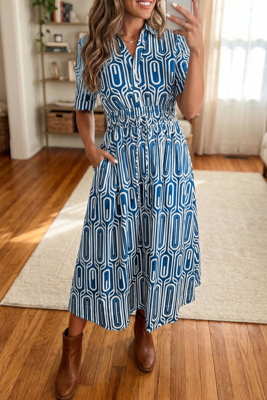 Blue Geometric Print Short Sleeve Drawstring Shirt Collar Dress-Dresses/Maxi Dresses-[Adult]-[Female]-Blue-S-2022 Online Blue Zone Planet