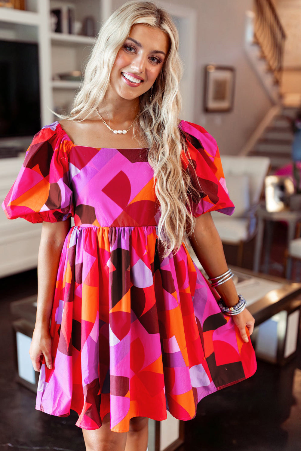 Blue Zone Planet |  Red Abstract Print Square Neck Puff Sleeve Dress Blue Zone Planet