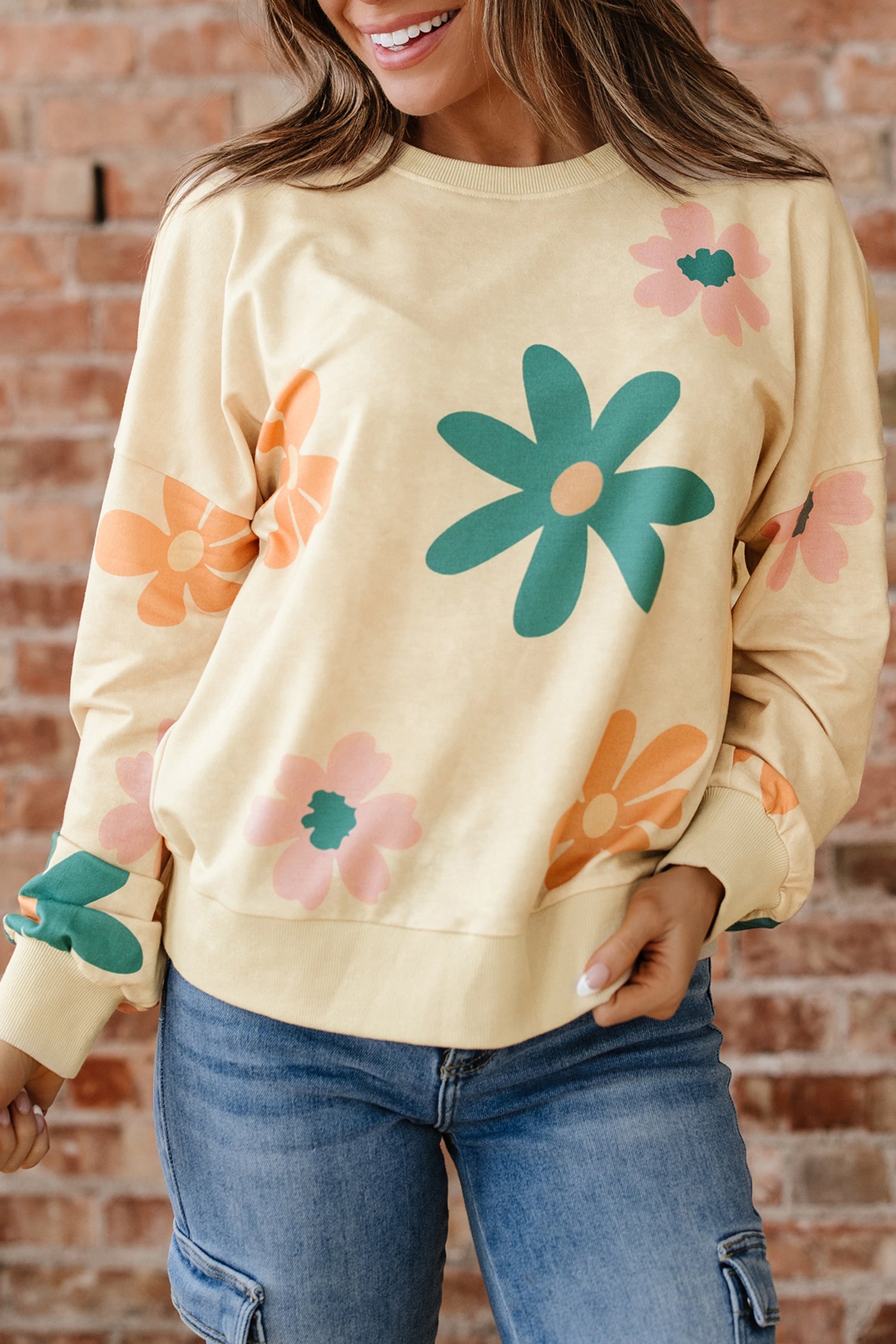 Khaki Mineral Washed French Terry Flower Print Sweatshirt-Tops/Sweatshirts & Hoodies-[Adult]-[Female]-2022 Online Blue Zone Planet