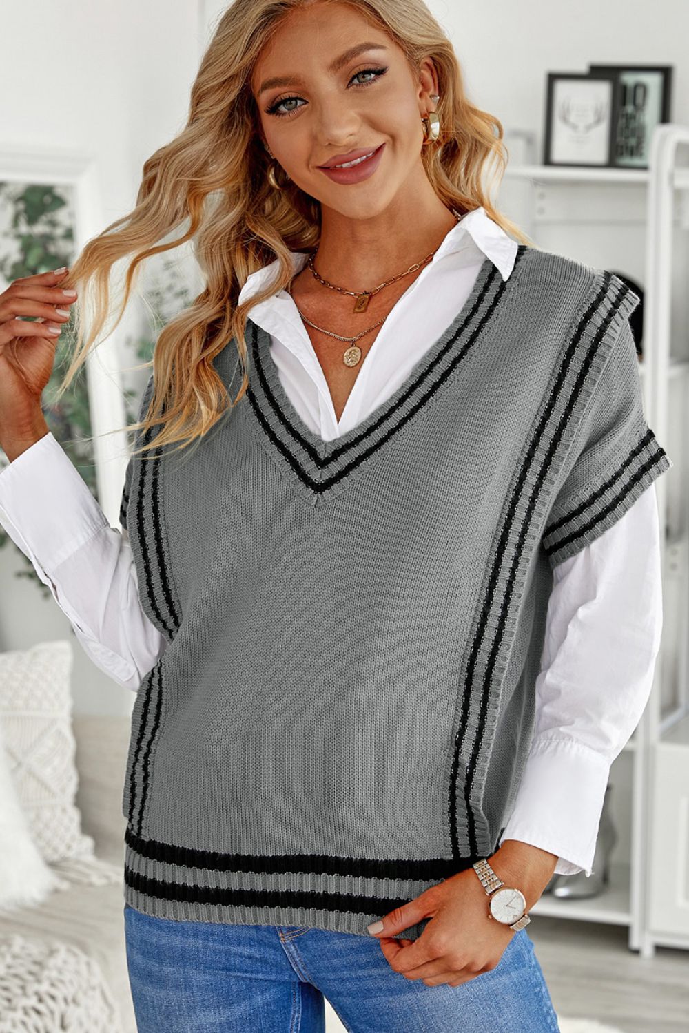 Blue Zone Planet | Striped Trim V-Neck Sweater Vest-TOPS / DRESSES-[Adult]-[Female]-2022 Online Blue Zone Planet