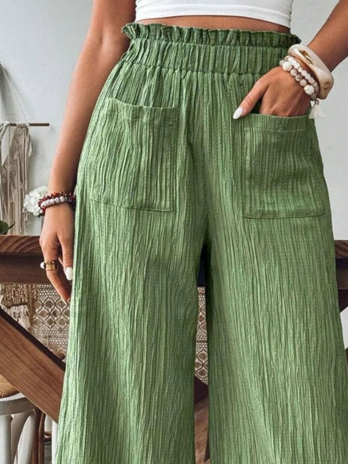 Frill Wide Leg Pants-BOTTOMS SIZES SMALL MEDIUM LARGE-[Adult]-[Female]-2022 Online Blue Zone Planet