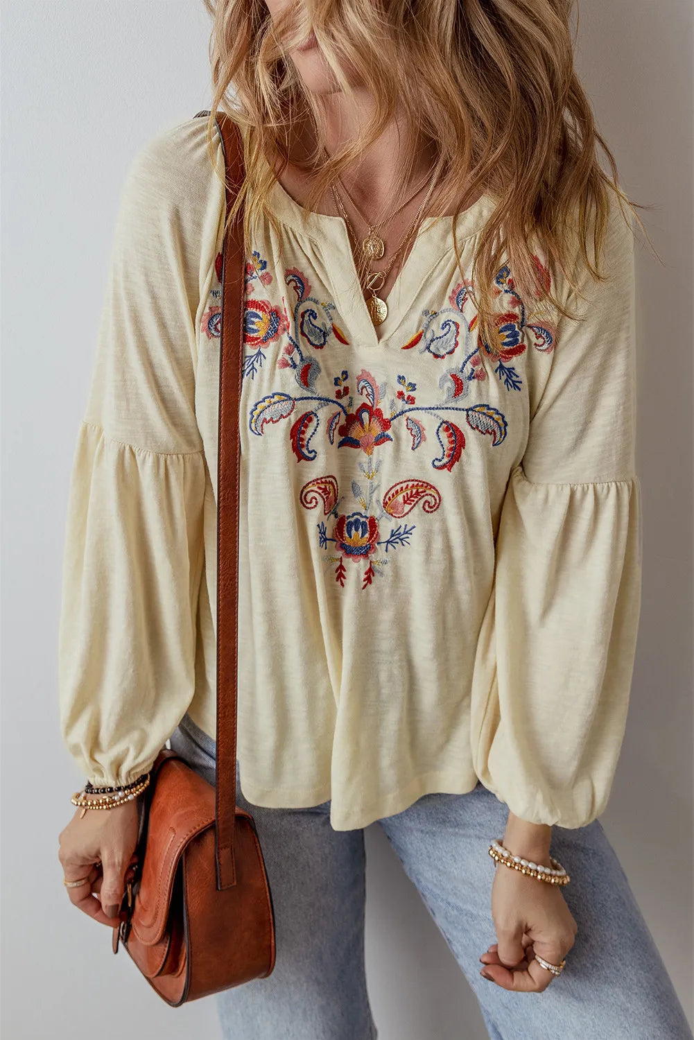 Embroidered Notched Long Sleeve Blouse-TOPS / DRESSES-[Adult]-[Female]-Pastel Yellow-S-2022 Online Blue Zone Planet