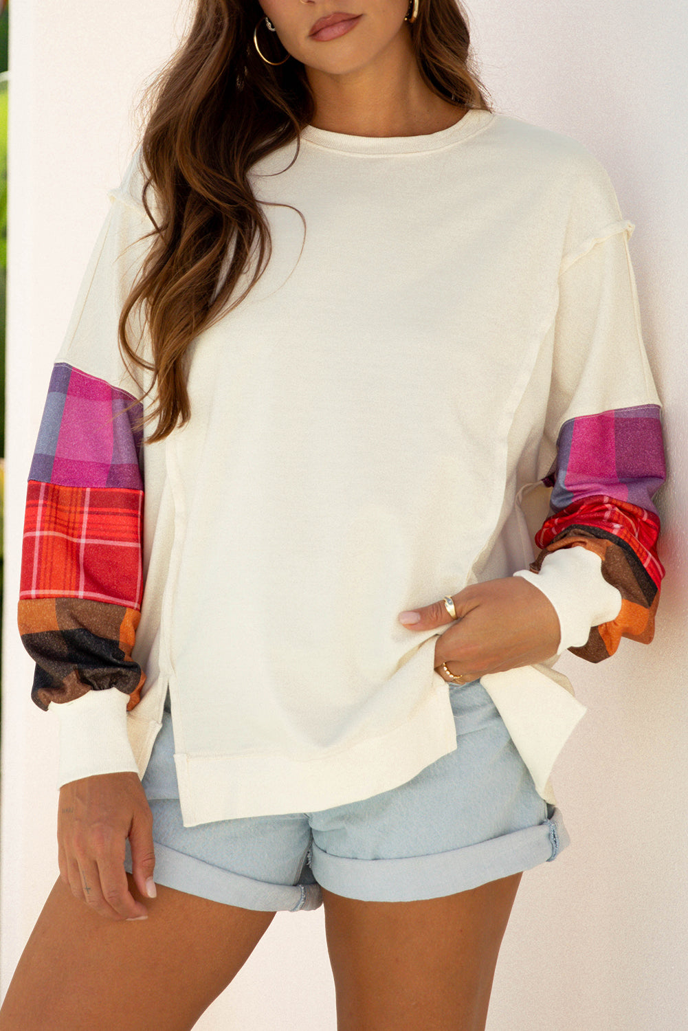 Beige Contrast Plaid Long Sleeve Exposed Seam Patchwork Top-Tops/Long Sleeve Tops-[Adult]-[Female]-2022 Online Blue Zone Planet