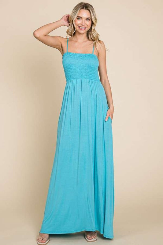 Culture Code Full Size Smocked Cami Maxi Dress with Pockets-TOPS / DRESSES-[Adult]-[Female]-Pastel Teal-S-2022 Online Blue Zone Planet