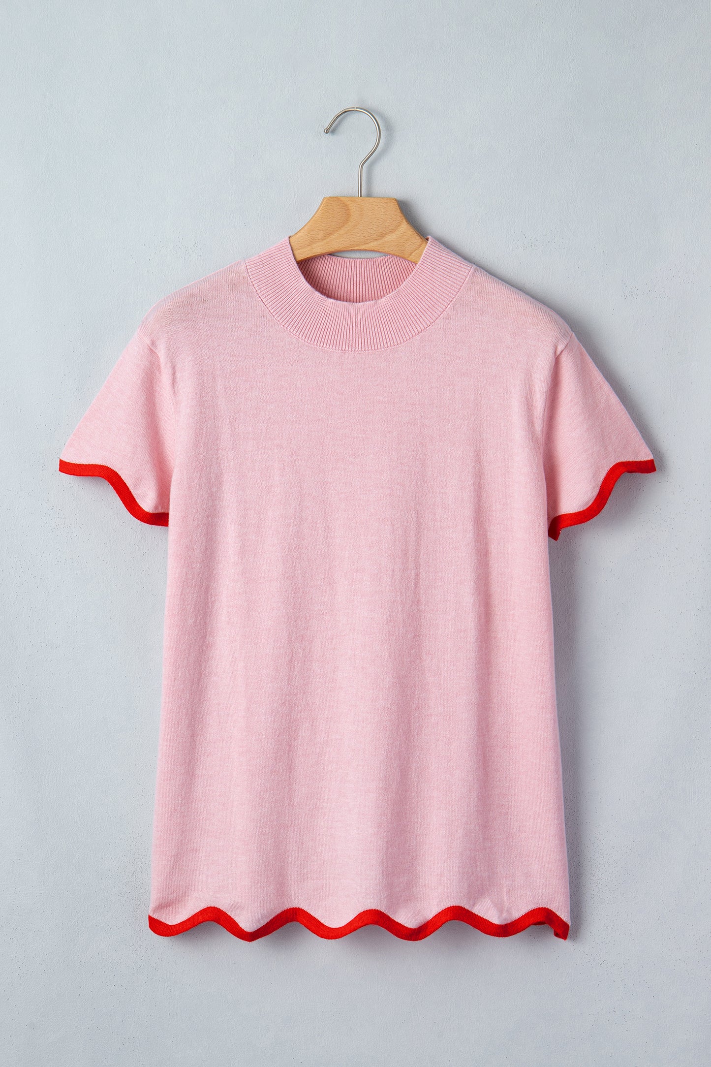 Pink Stand Neck Contrast Wavy Trim Short Sleeve Sweater-Sweaters & Cardigans/Short Sleeve Sweaters-[Adult]-[Female]-2022 Online Blue Zone Planet