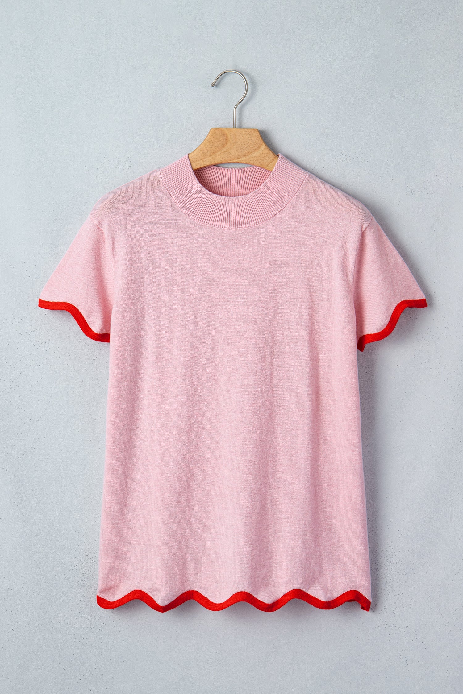 Pink Stand Neck Contrast Wavy Trim Short Sleeve Sweater-Sweaters & Cardigans/Short Sleeve Sweaters-[Adult]-[Female]-2022 Online Blue Zone Planet