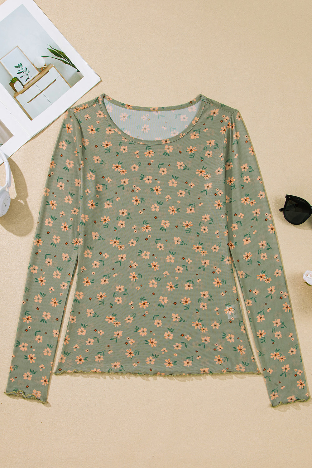 Laurel Green Vintage Floral Print Southern Style Mesh Long Sleeve Top-Tops/Long Sleeve Tops-[Adult]-[Female]-2022 Online Blue Zone Planet