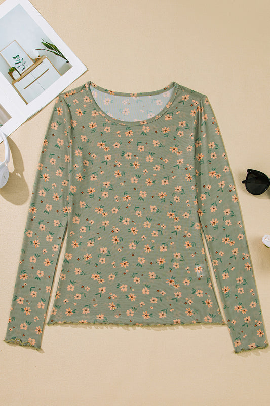 Laurel Green Vintage Floral Print Southern Style Mesh Long Sleeve Top-Tops/Long Sleeve Tops-[Adult]-[Female]-2022 Online Blue Zone Planet