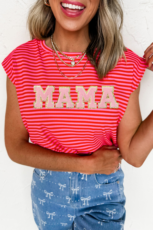 Red Stripe Mama Graphic Cap Sleeve T Shirt-Graphic/Graphic Tees-[Adult]-[Female]-Red Stripe-S-2022 Online Blue Zone Planet