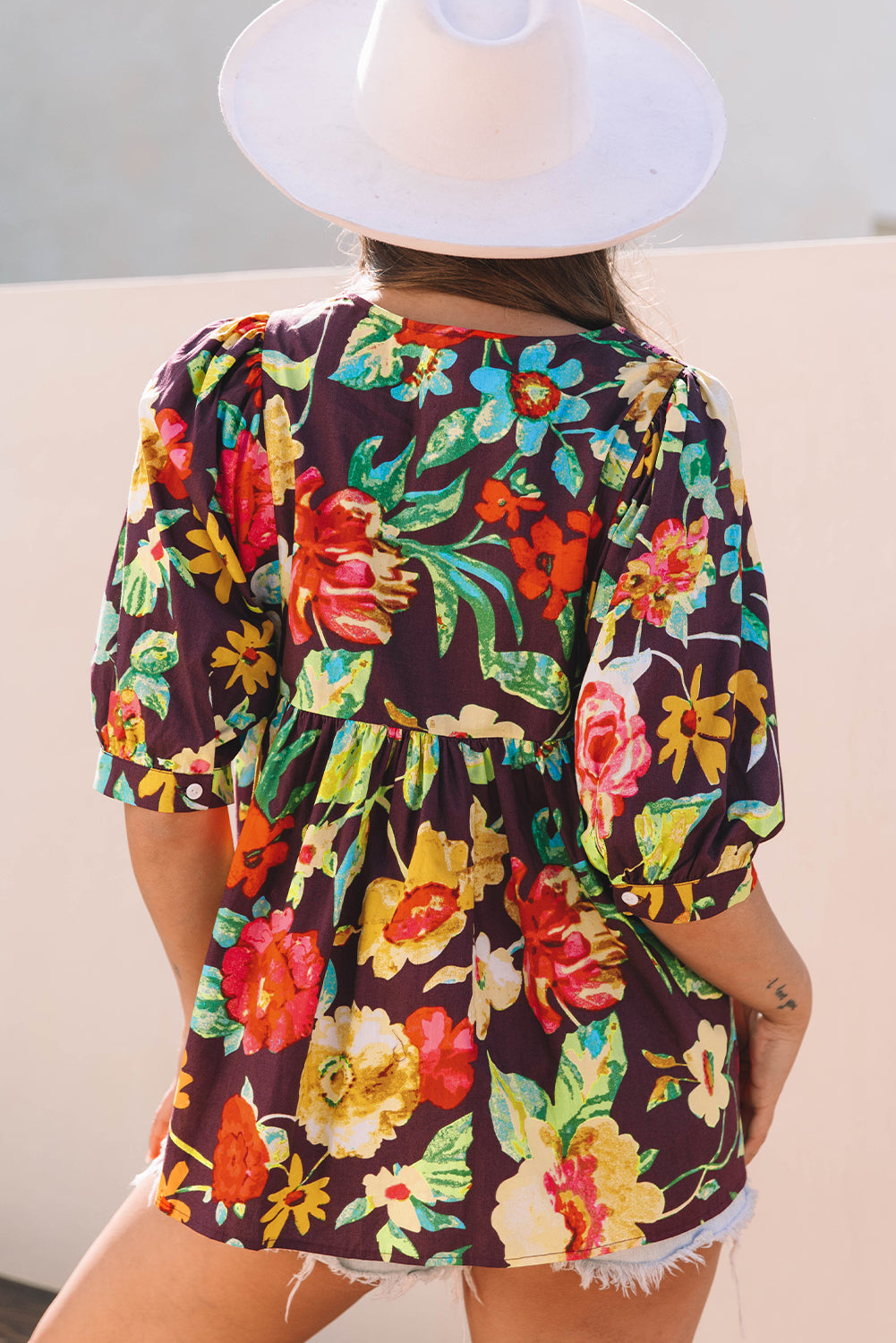 Greyish Purple Rose Flower Embroidered Trim Half Sleeve Blouse-Tops/Blouses & Shirts-[Adult]-[Female]-2022 Online Blue Zone Planet