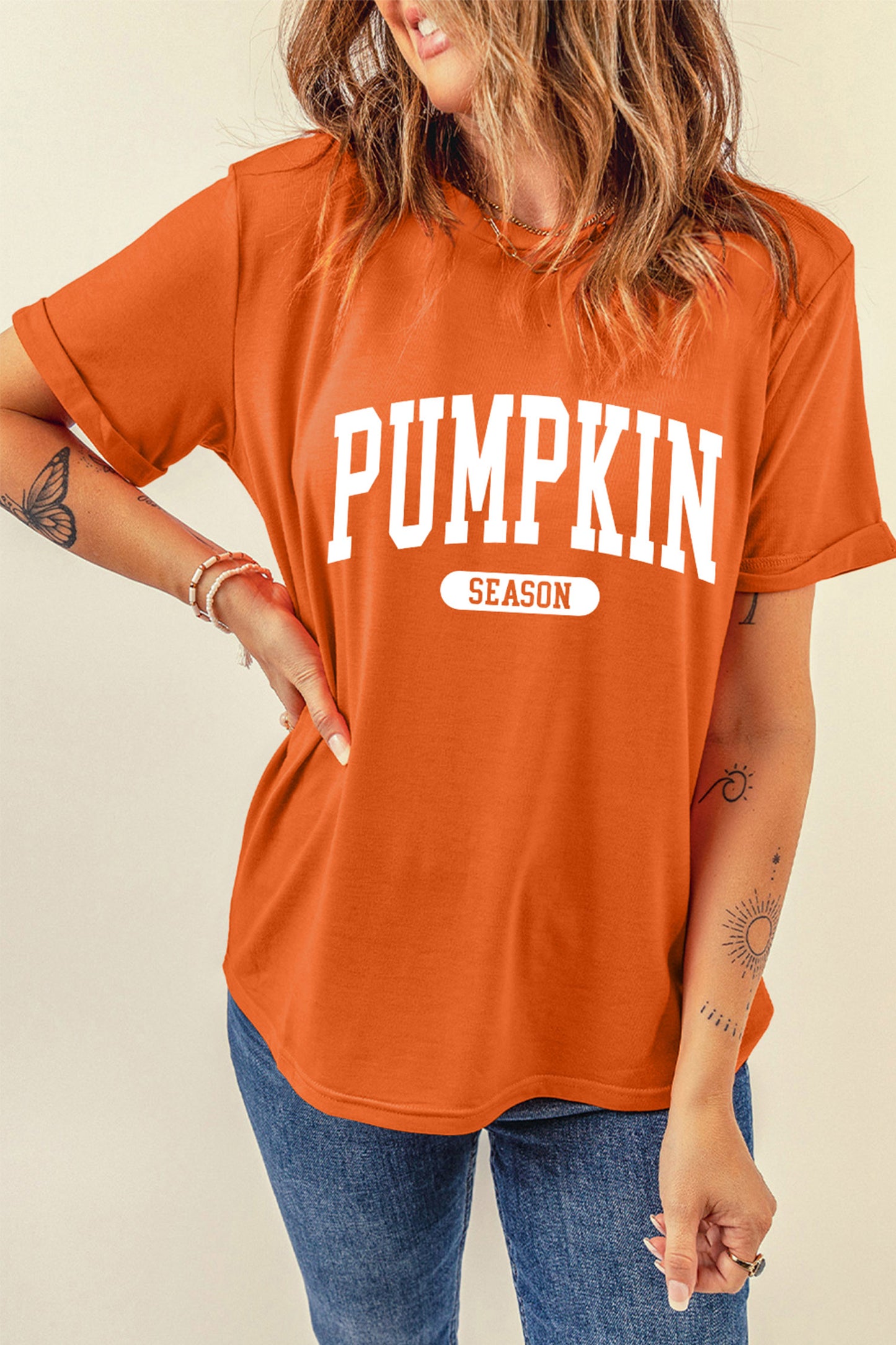 Orange PUMPKIN SEASON Letter Print Relaxed T Shirt-Graphic/Graphic Tees-[Adult]-[Female]-2022 Online Blue Zone Planet