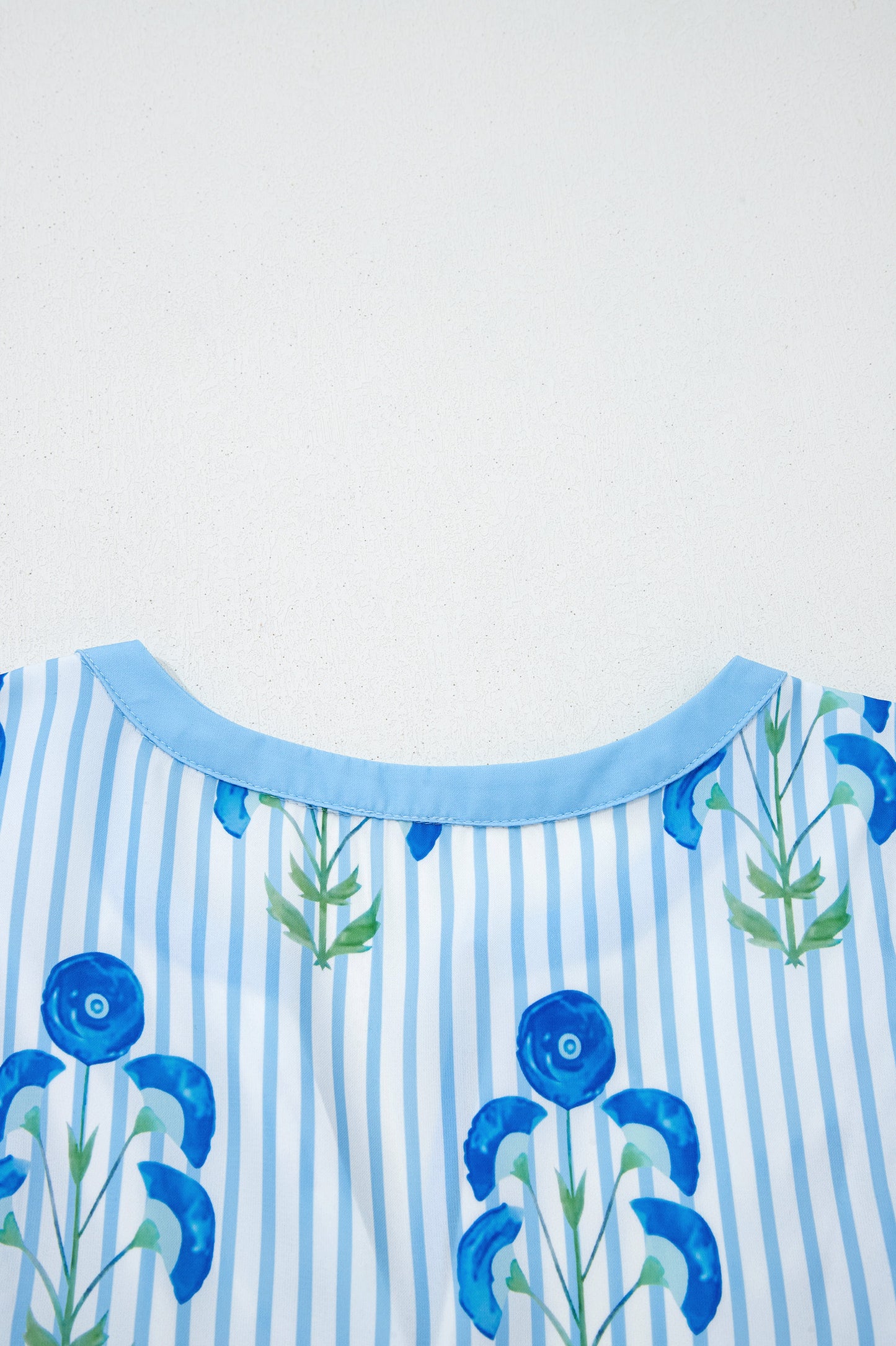 Sky Blue Floral Striped Print Tie Notched Neck Puff Sleeve Flared Mini Dress-TOPS / DRESSES-[Adult]-[Female]-2022 Online Blue Zone Planet
