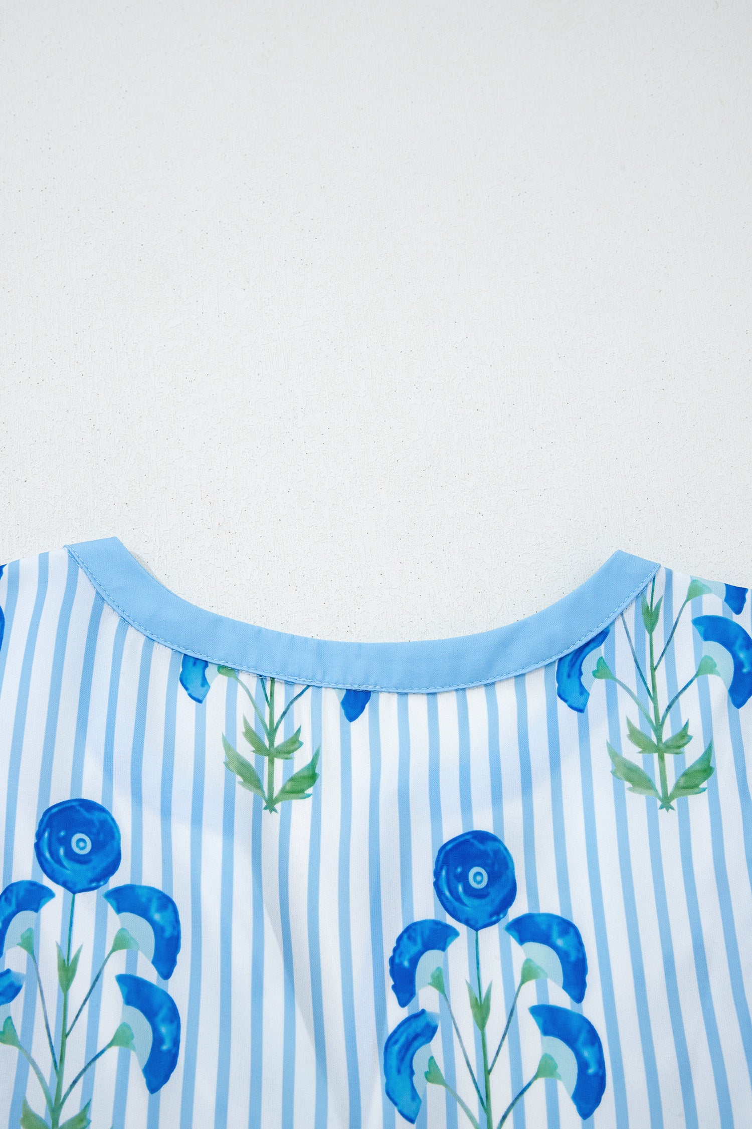 Sky Blue Floral Striped Print Tie Notched Neck Puff Sleeve Flared Mini Dress-TOPS / DRESSES-[Adult]-[Female]-2022 Online Blue Zone Planet
