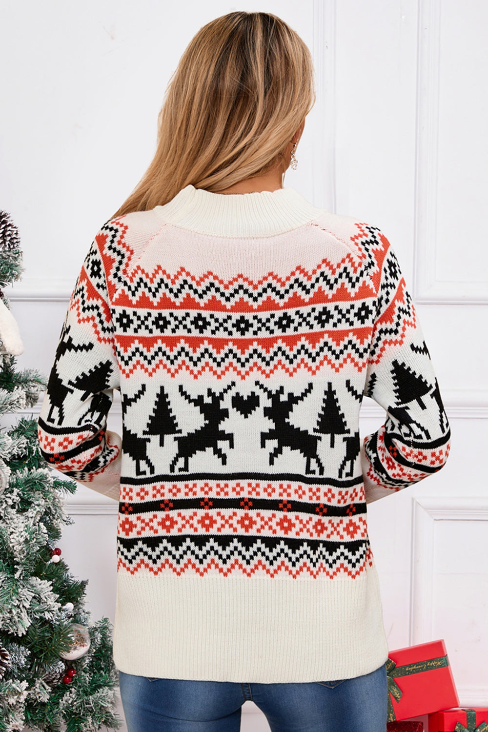 Angel Wings Reindeer Round Neck Long Sleeve Sweater-TOPS / DRESSES-[Adult]-[Female]-2022 Online Blue Zone Planet