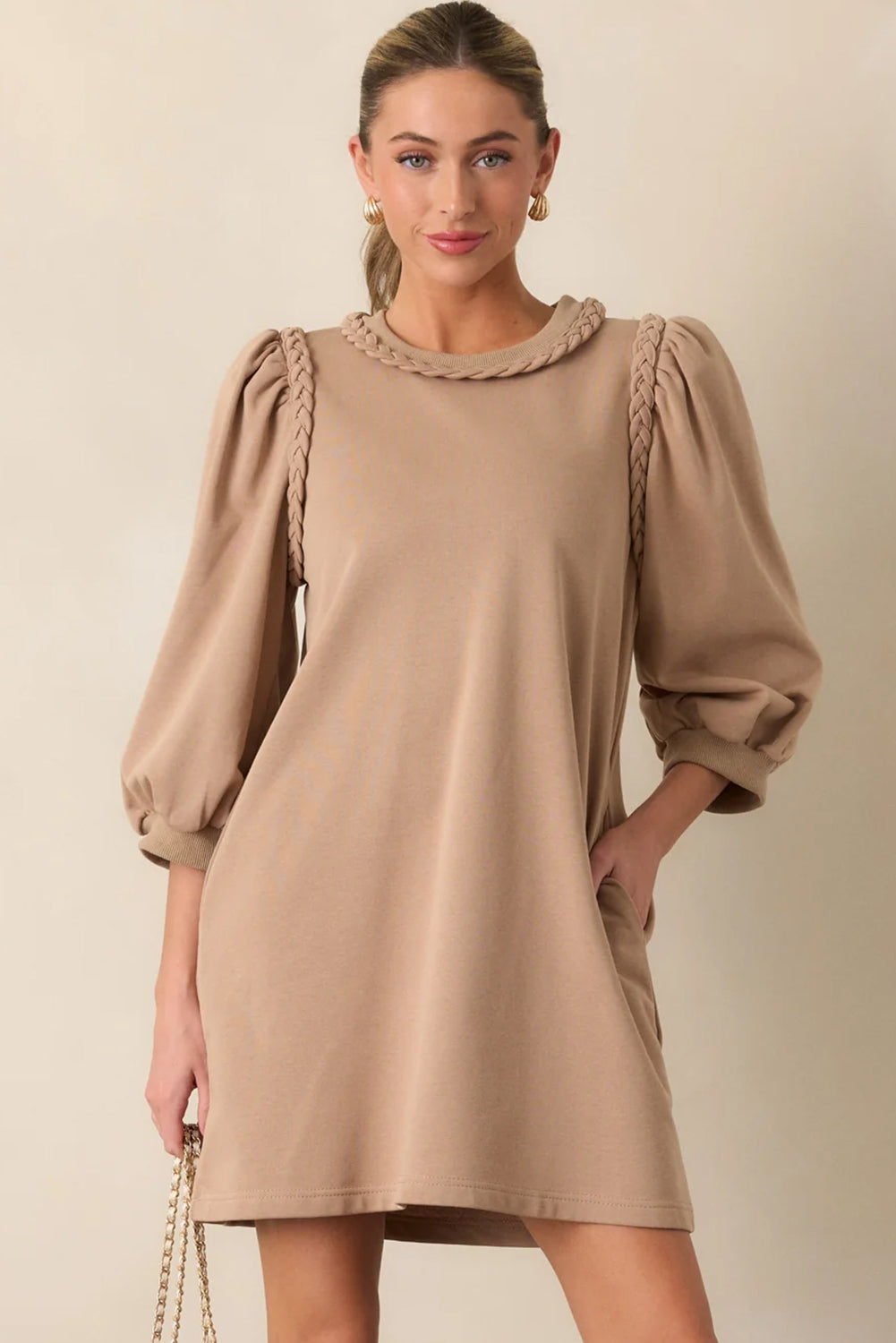 Light French Beige Braided Trim Puff Sleeve Dress-TOPS / DRESSES-[Adult]-[Female]-2022 Online Blue Zone Planet