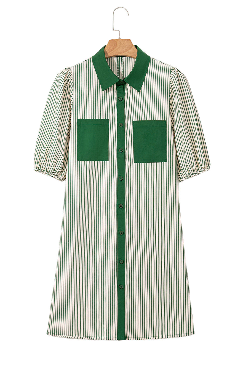 Green Stripe Color Block Patchwork Shirt Collar Button Down Puff Sleeve Mini Dress-TOPS / DRESSES-[Adult]-[Female]-2022 Online Blue Zone Planet