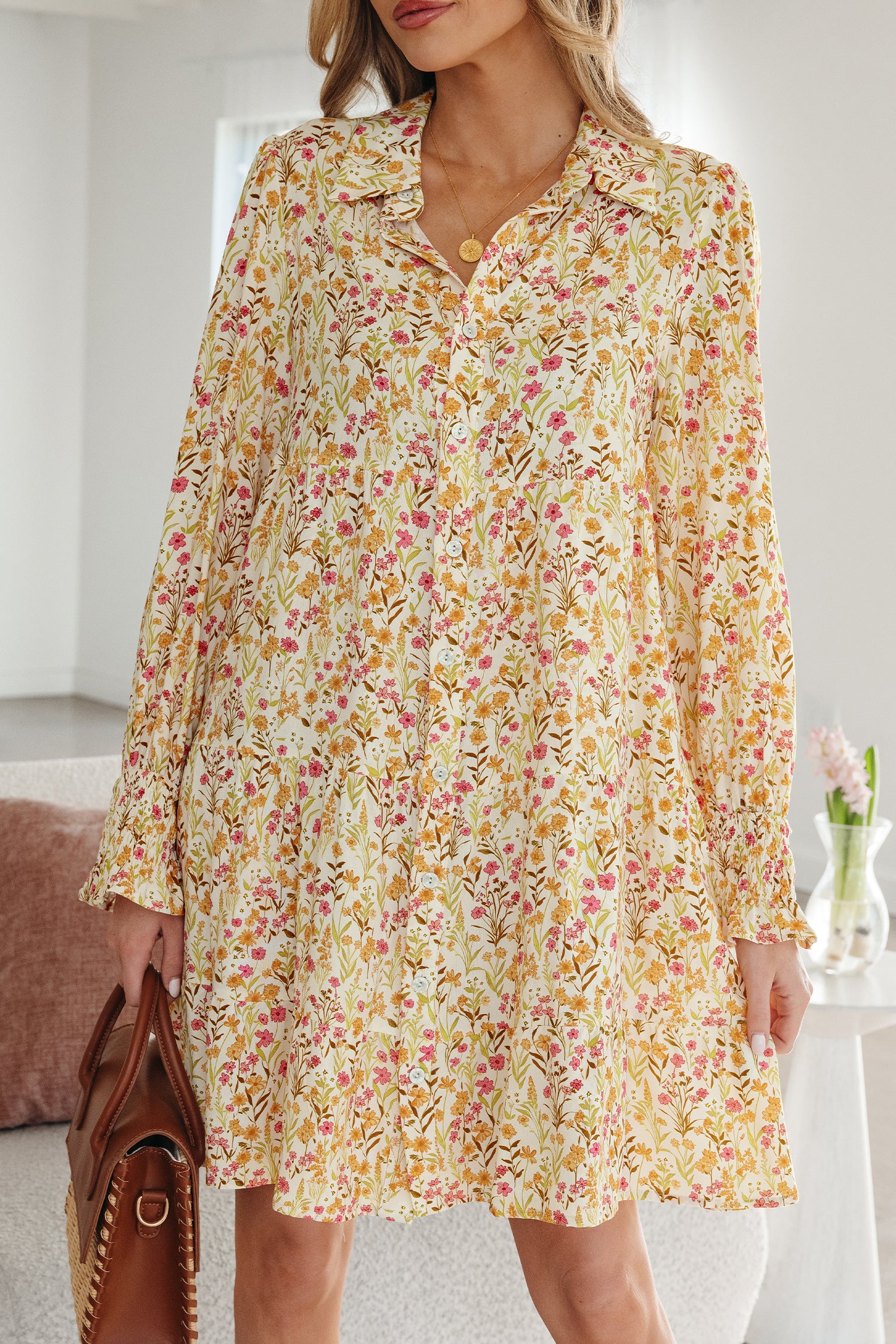 Yellow Floral Print Frilly Trim Smocked Cuff Long Sleeve Loose Shirt Dress-TOPS / DRESSES-[Adult]-[Female]-2022 Online Blue Zone Planet