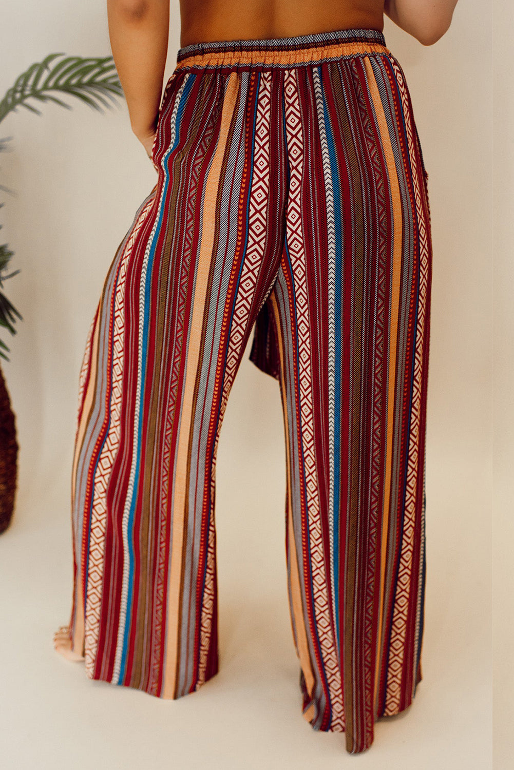 Red Boho Ethnic Striped Print Tie Waist Wide Leg Pants-Pants-[Adult]-[Female]-2022 Online Blue Zone Planet