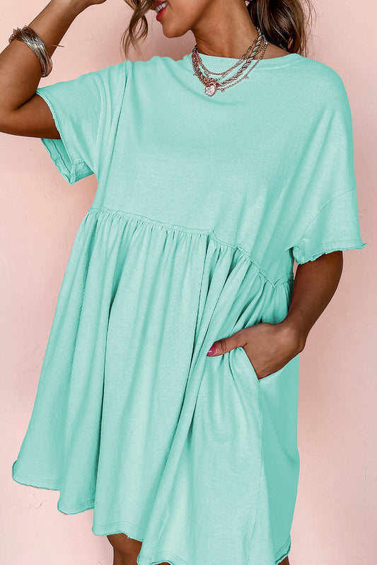 Moonlight Jade Solid Color Pocketed Raw Edge Babydoll Dress-Dresses/Mini Dresses-[Adult]-[Female]-2022 Online Blue Zone Planet